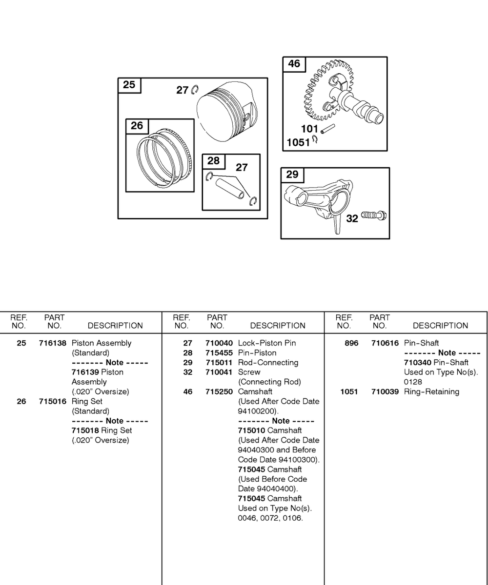 Camshaft, Piston, Rings, Connecting Rod Diagram and Parts List for 115432-0135-XX  Briggs and Stratton Engine